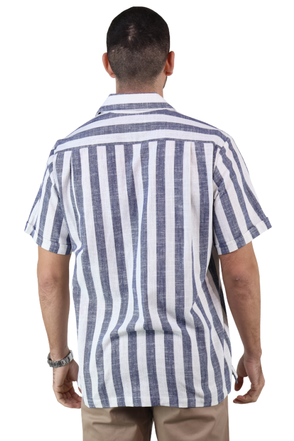 Camisa Resort Manga Corta De Algodón Estamado A Rayas Azules Para Hombre